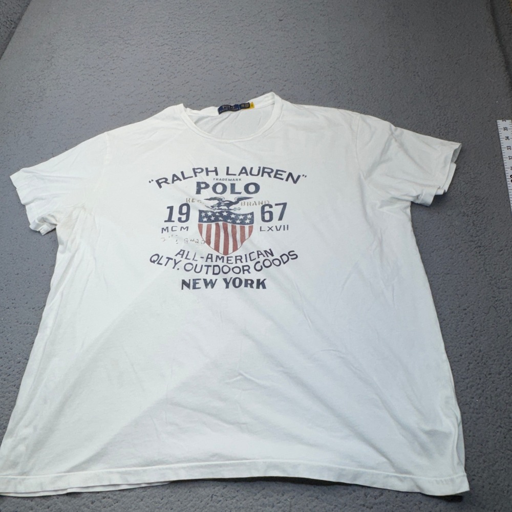 Polo Ralph Lauren Shirt Mens 2XB White Outdoor Goods 1967 USA Flag Crest